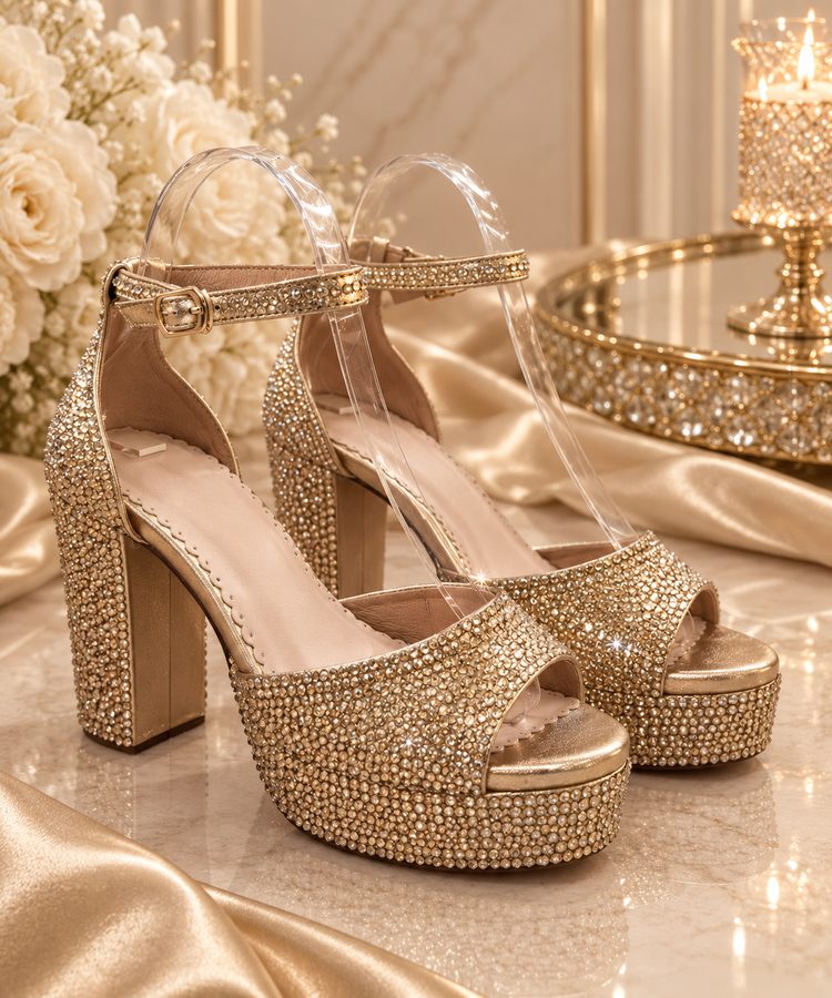 Promé & Theüs gold rhinestone-encrusted balanced platform heel, handcrafted Marikina atelier