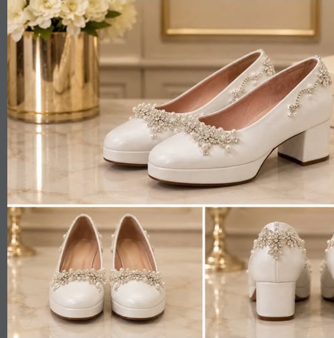 Balanced platform heel Marikina, pearl-detailed bespoke heel shown from multiple angles