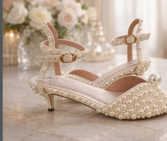 Bespoke Marikina footwear - custom bridal heels Manila, pearl-embellished kitten heel