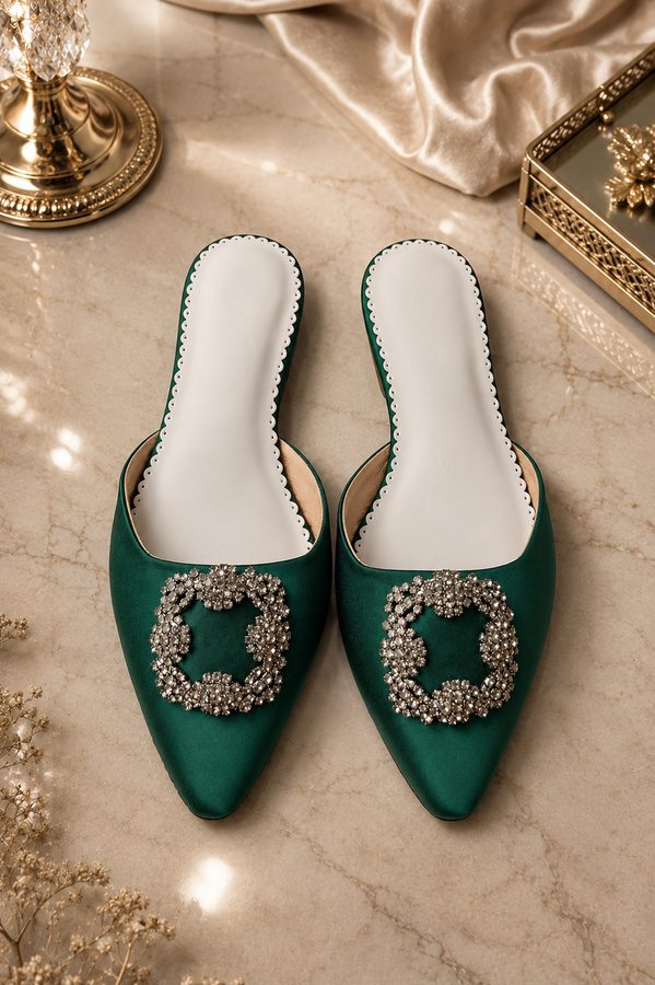 Promé & Theüs emerald satin mule with crystal brooch detail, handcrafted Marikina atelier lifestyle footwear